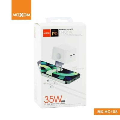 آداپتور شارژر موکسوم مدل MOXOM MX-HC108 PD 35W همراه کابل لایتینگ(آیفون)